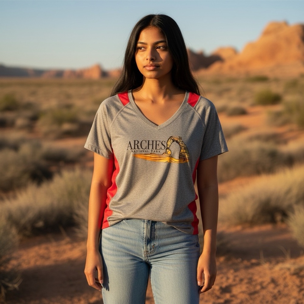 Sport-Tek Ladies XL V Neck Arches National Park Performance Tee Shirt XL